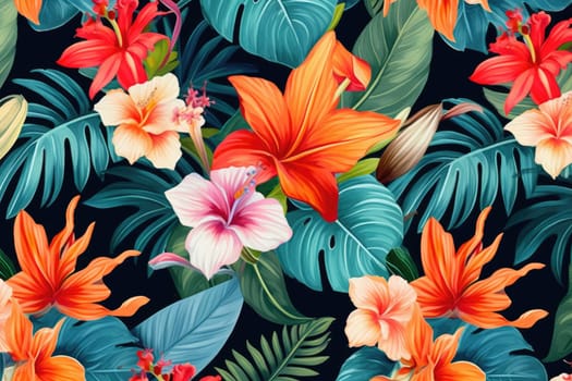 Tropical exotic pattern with animal and flowers in bright colors and lush vegetation. Ai Generative