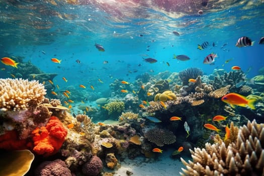 Tropical sea underwater fishes on coral reef. Aquarium oceanarium wildlife colorful marine panorama landscape nature snorkel diving. AI Generative