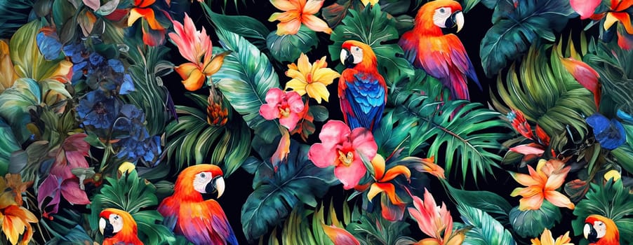 Tropical exotic pattern with animal and flowers in bright colors and lush vegetation. Ai Generative