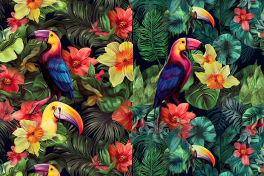 Tropical exotic pattern with animal and flowers in bright colors and lush vegetation. Ai Generative