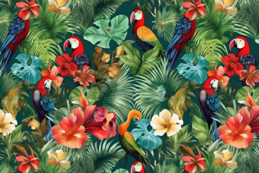 Tropical exotic pattern with animal and flowers in bright colors and lush vegetation. Ai Generative