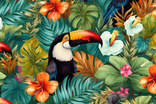 Tropical exotic pattern with animal and flowers in bright colors and lush vegetation. Ai Generative