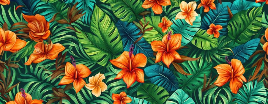 Tropical exotic pattern with animal and flowers in bright colors and lush vegetation. Ai Generative