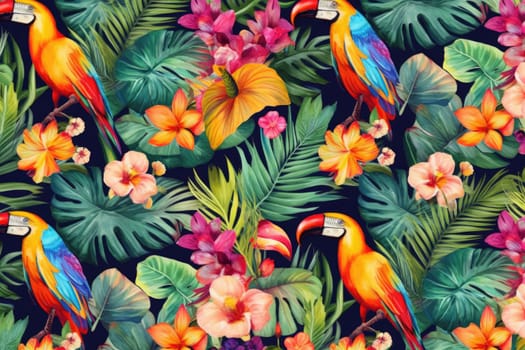 Tropical exotic pattern with animal and flowers in bright colors and lush vegetation. Ai Generative