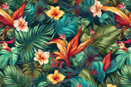 Tropical exotic pattern with animal and flowers in bright colors and lush vegetation. Ai Generative