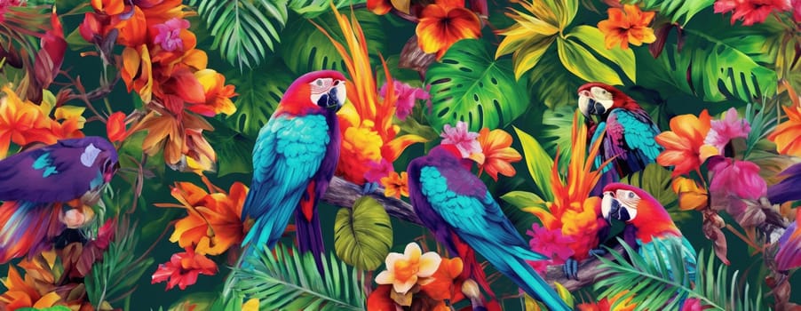 Tropical exotic pattern with animal and flowers in bright colors and lush vegetation. Ai Generative