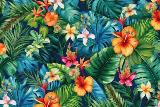 Tropical exotic pattern with animal and flowers in bright colors and lush vegetation. Ai Generative