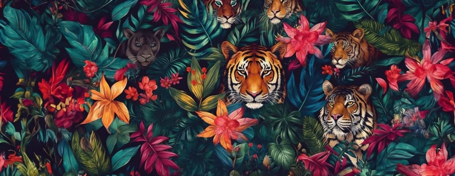 Tropical exotic pattern with animal and flowers in bright colors and lush vegetation. Ai Generative