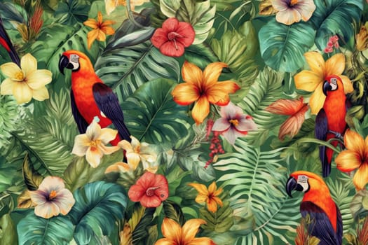 Tropical exotic pattern with animal and flowers in bright colors and lush vegetation. Ai Generative