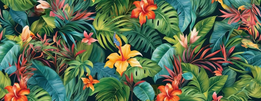 Tropical exotic pattern with animal and flowers in bright colors and lush vegetation. Ai Generative