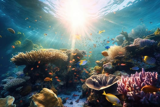 Tropical sea underwater fishes on coral reef. Aquarium oceanarium wildlife colorful marine panorama landscape nature snorkel diving. AI Generative