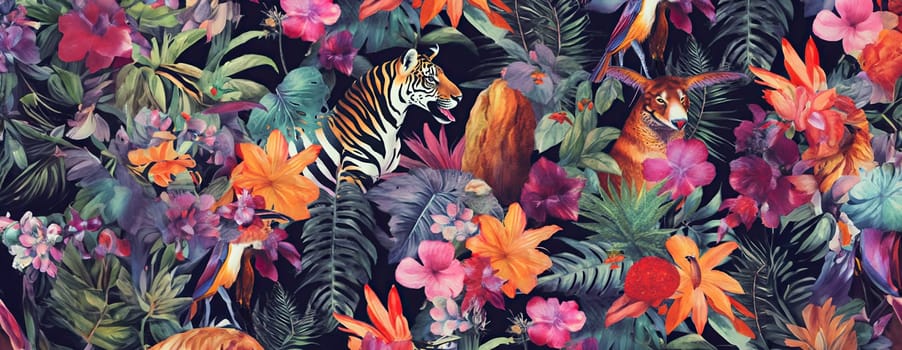 Tropical exotic pattern with animal and flowers in bright colors and lush vegetation. Ai Generative