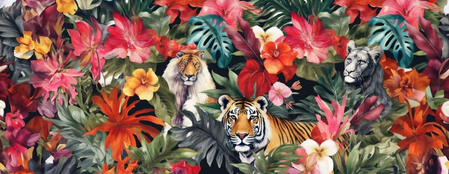 Tropical exotic pattern with animal and flowers in bright colors and lush vegetation. Ai Generative