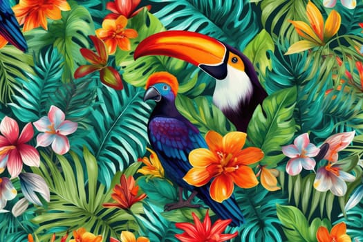 Tropical exotic pattern with animal and flowers in bright colors and lush vegetation. Ai Generative