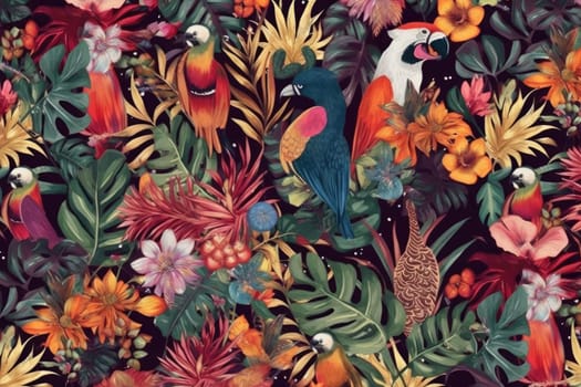 Tropical exotic pattern with animal and flowers in bright colors and lush vegetation. Ai Generative