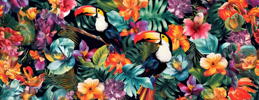 Tropical exotic pattern with animal and flowers in bright colors and lush vegetation. Ai Generative