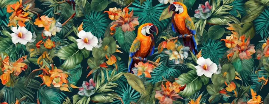 Tropical exotic pattern with animal and flowers in bright colors and lush vegetation. Ai Generative