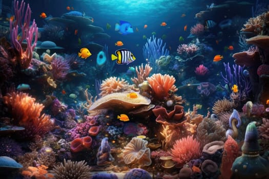 Tropical sea underwater fishes on coral reef. Aquarium oceanarium wildlife colorful marine panorama landscape nature snorkel diving. AI Generative