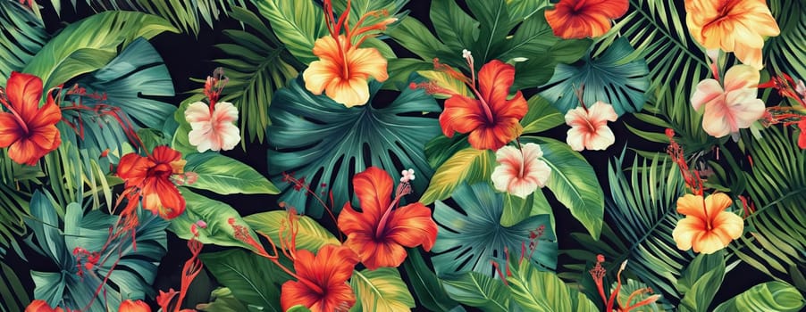 Tropical exotic pattern with animal and flowers in bright colors and lush vegetation. Ai Generative