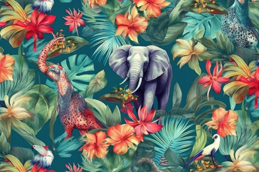 Tropical exotic pattern with animal and flowers in bright colors and lush vegetation. Ai Generative