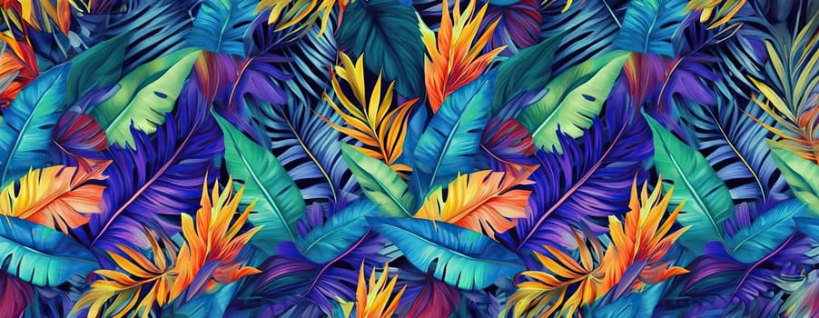 Tropical exotic pattern with animal and flowers in bright colors and lush vegetation. Ai Generative