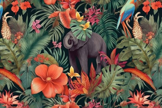 Tropical exotic pattern with animal and flowers in bright colors and lush vegetation. Ai Generative