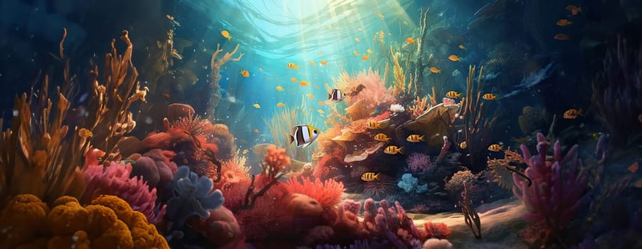 Tropical sea underwater fishes on coral reef. Aquarium oceanarium wildlife colorful marine panorama landscape nature snorkel diving. AI Generative