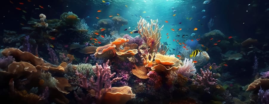 Tropical sea underwater fishes on coral reef. Aquarium oceanarium wildlife colorful marine panorama landscape nature snorkel diving. AI Generative