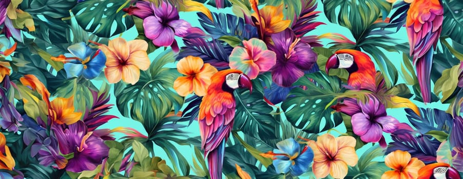 Tropical exotic pattern with animal and flowers in bright colors and lush vegetation. Ai Generative