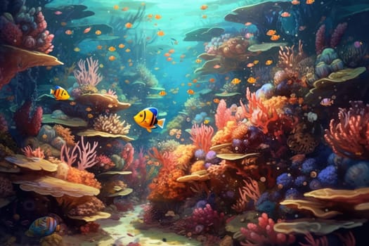 Tropical sea underwater fishes on coral reef. Aquarium oceanarium wildlife colorful marine panorama landscape nature snorkel diving. AI Generative