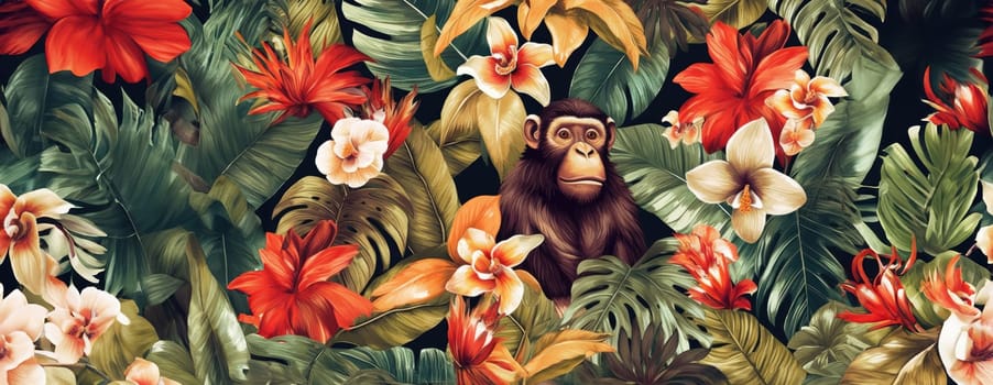 Tropical exotic pattern with animal and flowers in bright colors and lush vegetation. Ai Generative