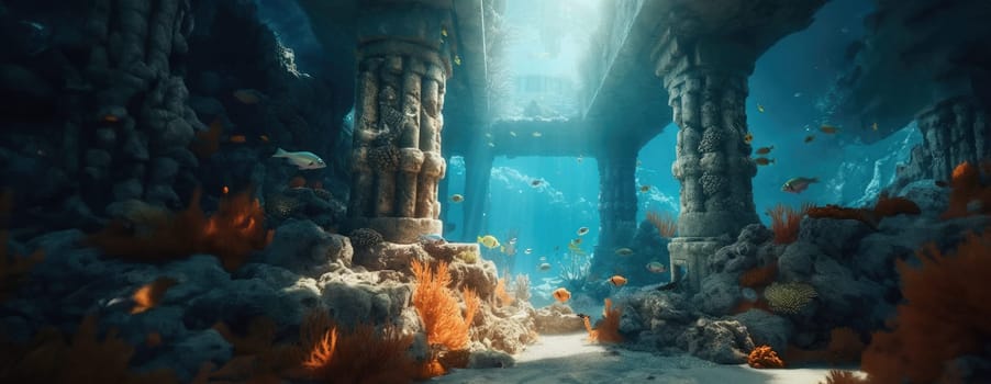 Tropical sea underwater fishes on coral reef. Aquarium oceanarium wildlife colorful marine panorama landscape nature snorkel diving. AI Generative