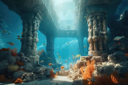 Tropical sea underwater fishes on coral reef. Aquarium oceanarium wildlife colorful marine panorama landscape nature snorkel diving. AI Generative