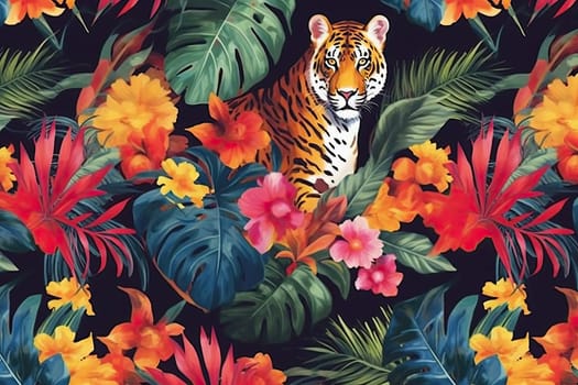 Tropical exotic pattern with animal and flowers in bright colors and lush vegetation. Ai Generative