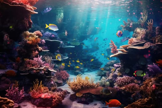 Tropical sea underwater fishes on coral reef. Aquarium oceanarium wildlife colorful marine panorama landscape nature snorkel diving. AI Generative