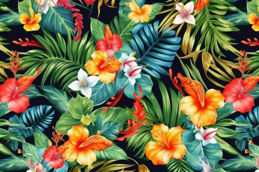 Tropical exotic pattern with animal and flowers in bright colors and lush vegetation. Ai Generative