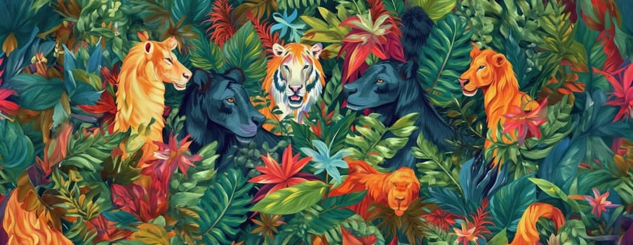 Tropical exotic pattern with animal and flowers in bright colors and lush vegetation. Ai Generative