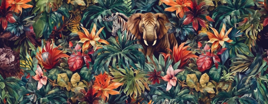 Tropical exotic pattern with animal and flowers in bright colors and lush vegetation. Ai Generative