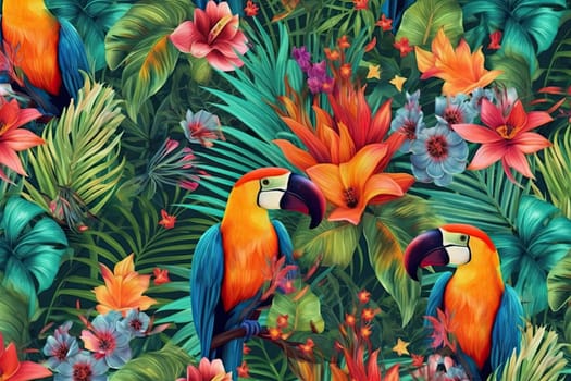 Tropical exotic pattern with animal and flowers in bright colors and lush vegetation. Ai Generative