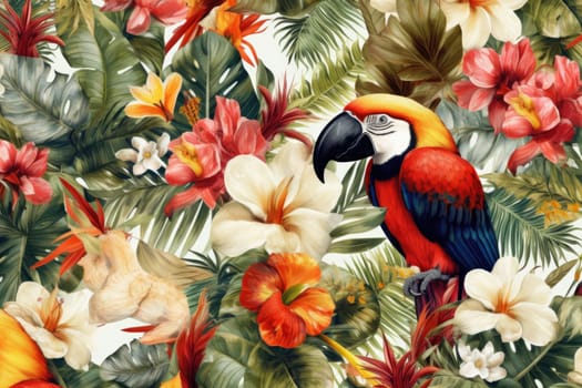 Tropical exotic pattern with animal and flowers in bright colors and lush vegetation. Ai Generative