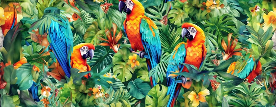 Tropical exotic pattern with animal and flowers in bright colors and lush vegetation. Ai Generative