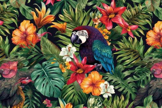 Tropical exotic pattern with animal and flowers in bright colors and lush vegetation. Ai Generative