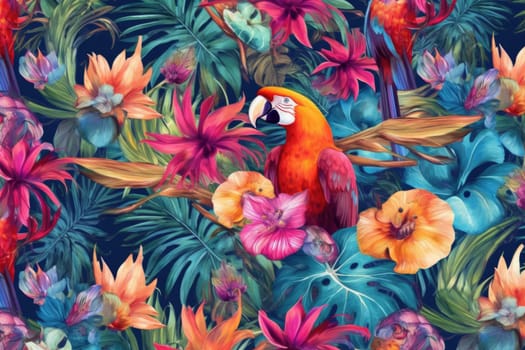 Tropical exotic pattern with animal and flowers in bright colors and lush vegetation. Ai Generative