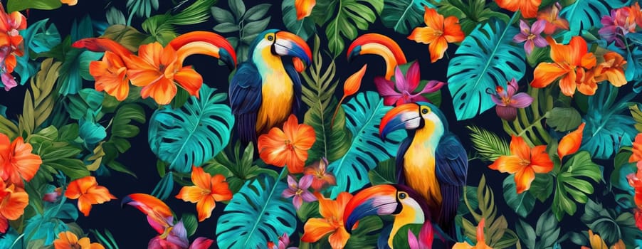 Tropical exotic pattern with animal and flowers in bright colors and lush vegetation. Ai Generative