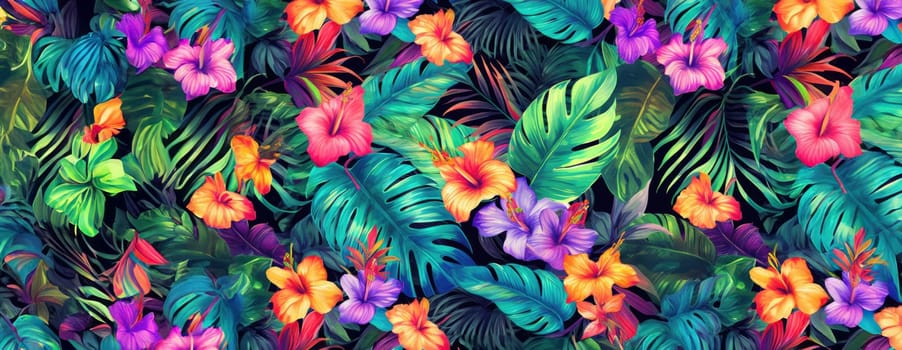 Tropical exotic pattern with animal and flowers in bright colors and lush vegetation. Ai Generative