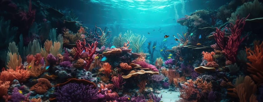 Tropical sea underwater fishes on coral reef. Aquarium oceanarium wildlife colorful marine panorama landscape nature snorkel diving. AI Generative