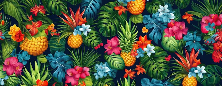 Tropical exotic pattern with animal and flowers in bright colors and lush vegetation. Ai Generative