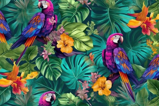 Tropical exotic pattern with animal and flowers in bright colors and lush vegetation. Ai Generative