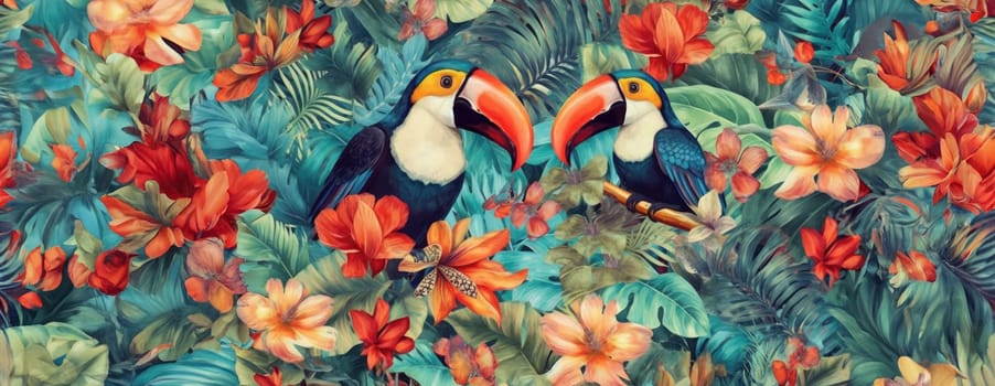 Tropical exotic pattern with animal and flowers in bright colors and lush vegetation. Ai Generative