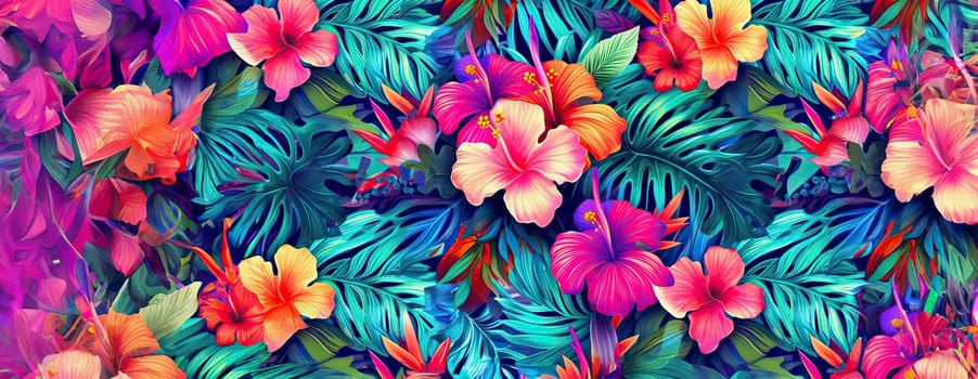 Tropical exotic pattern with animal and flowers in bright colors and lush vegetation. Ai Generative